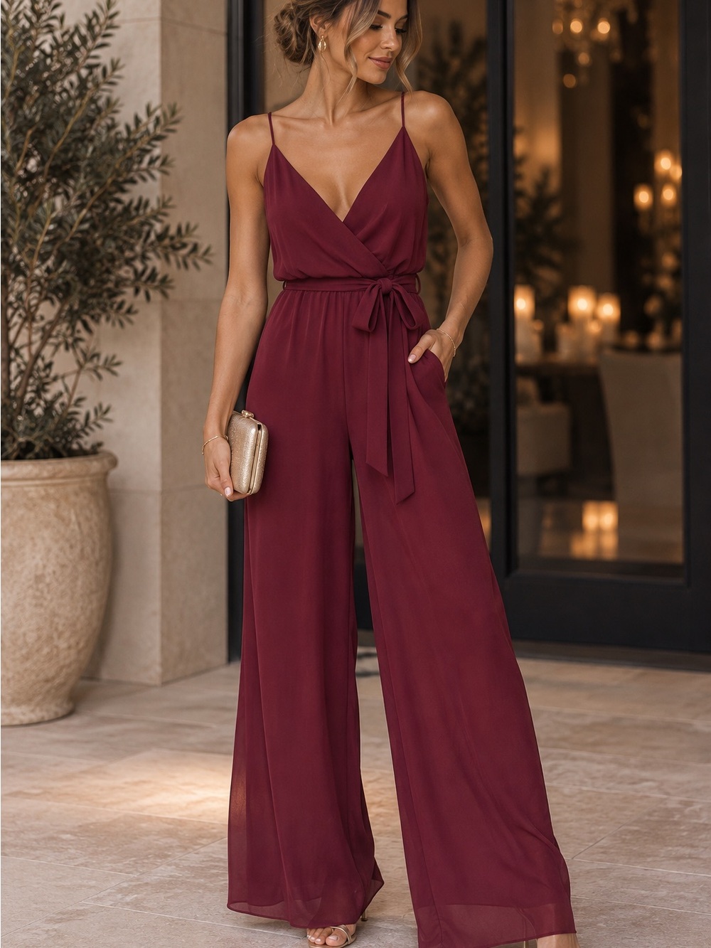 Shop17 Burgundy Wide Leg Wrap Style Jumpsuit Belted | Formal Romantic | Size M